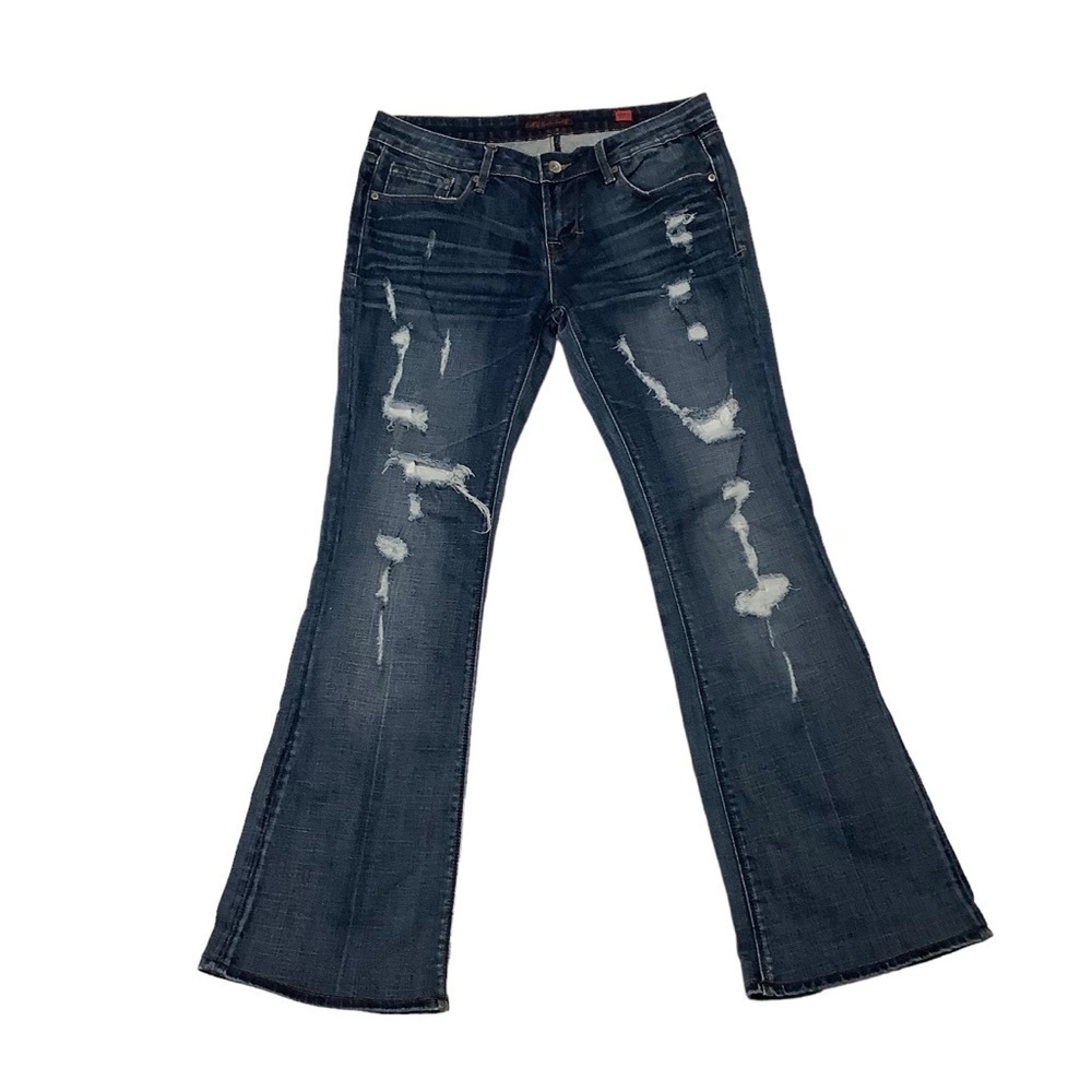 Cult of Individuality Jeans Sz 29 Bohemi Boot Cut Blue Distressed Thighs Hems